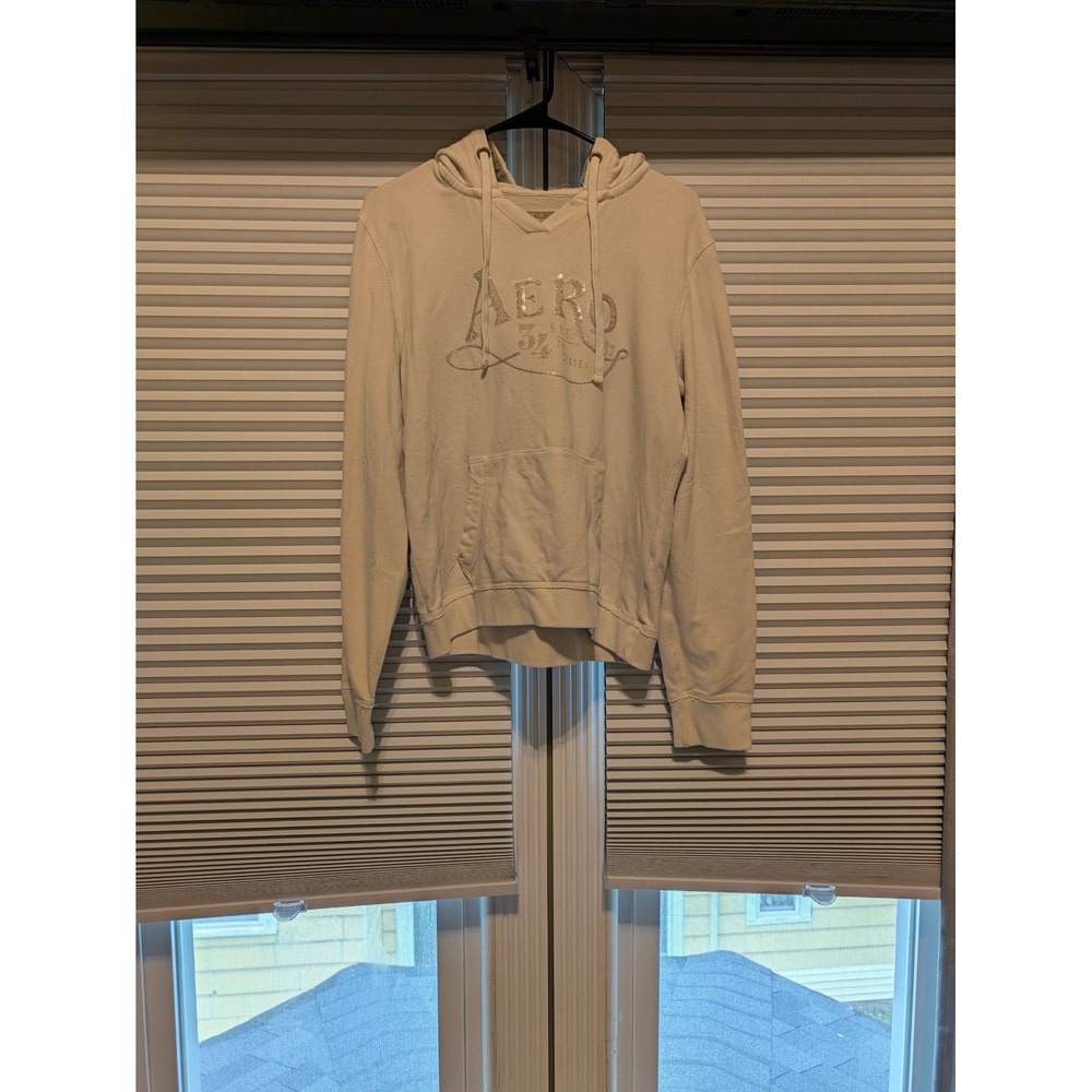 Aeropostale Girls XL Cream AERO 87 Graphic Pullover Hoodie Sweatshirt Sparkle